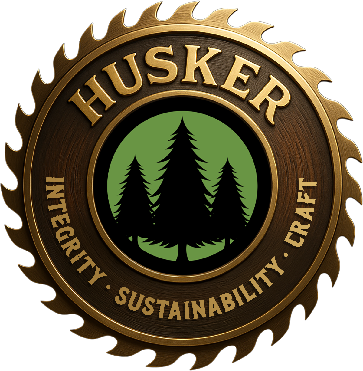 An illustration of a disk with the words husker, integrity, sustainability and craft embossed in golden metal. The silhouette of three pine trees appear in the center over a green background..